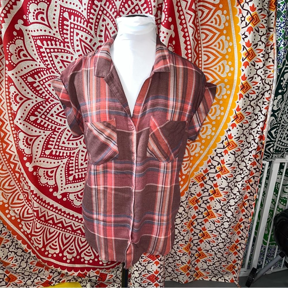 Women’s Plaid Button-Front Shirt – Rust Pink Brown